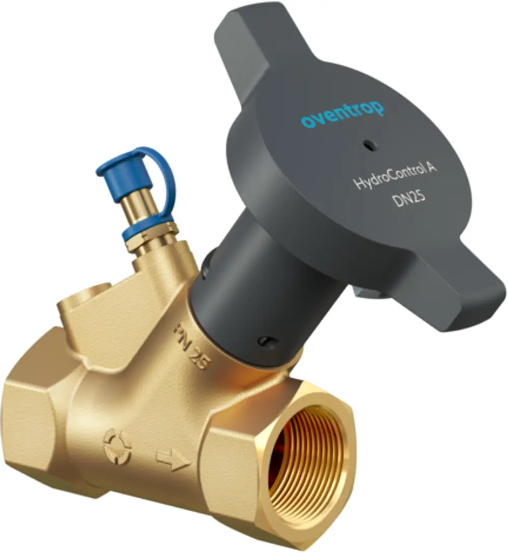 Oventrop Ventil mit einer schwarzen Oberseite und goldfarbenem Gehäuse, ausgestattet mit einem Handrad und einem Anschluss für einen Drucksensor.